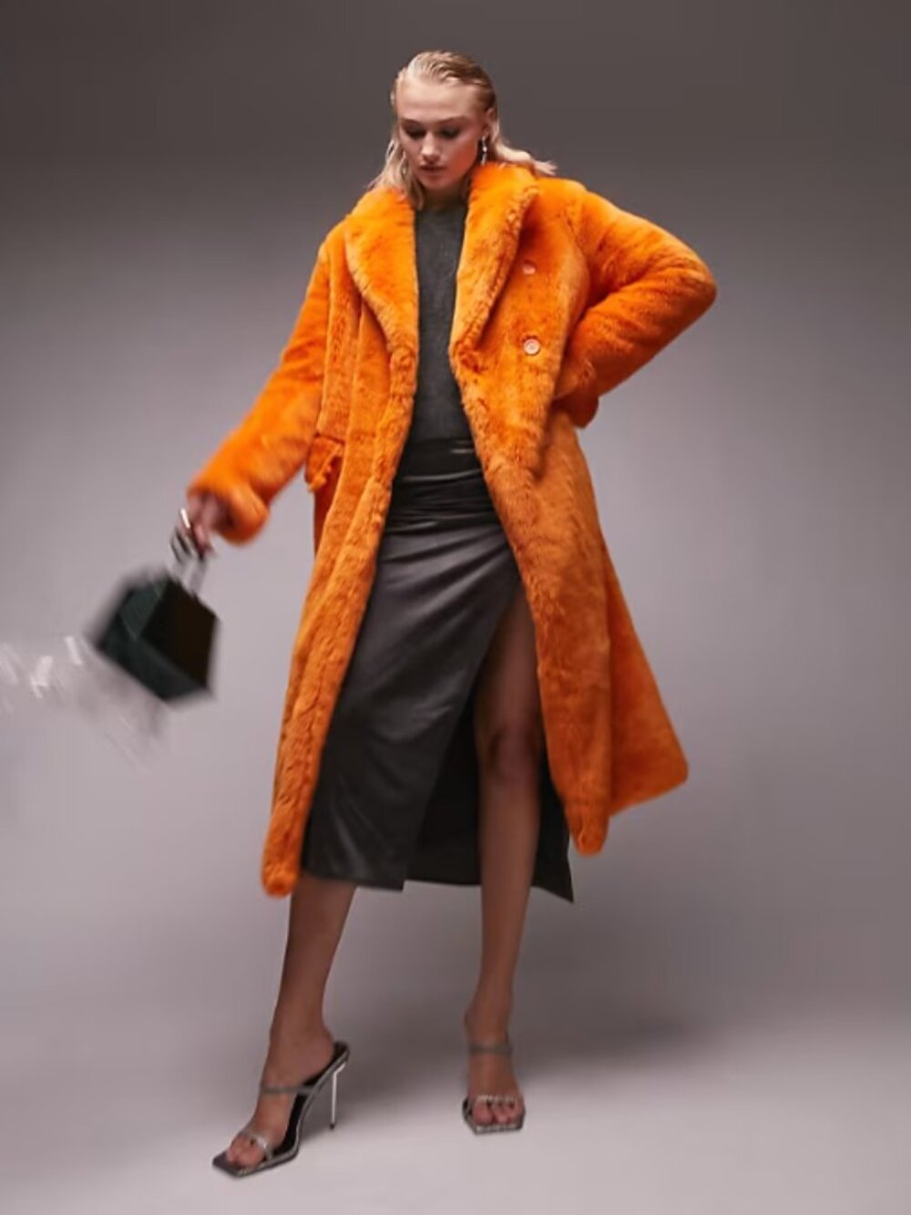 💥SHOWSTOPPER!💥Luxurious Faux Fur Longline Double Breasted Coat in Tangerine - Picture 2 of 16